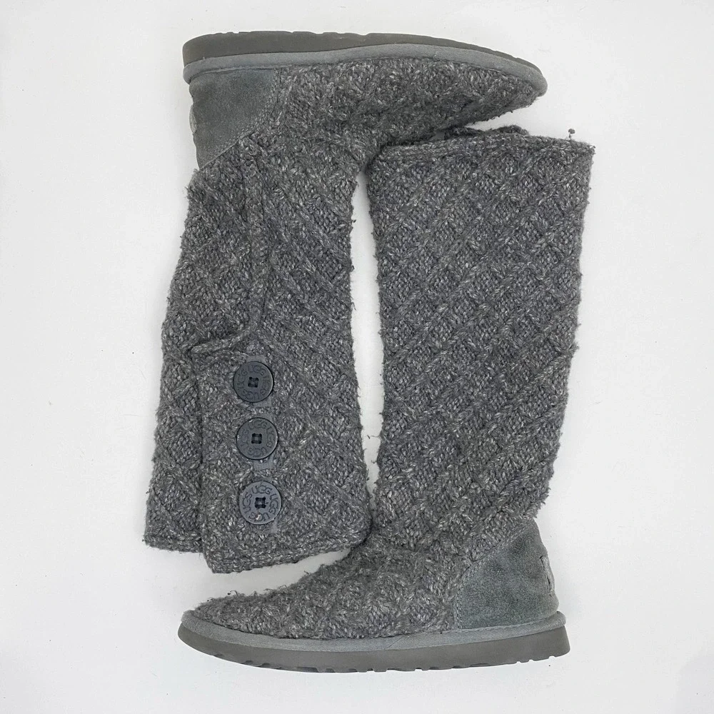 UGG Lattice Cardy Charcoal Gray Knit Tall Button Boots 3066 Womens Size‎ 6